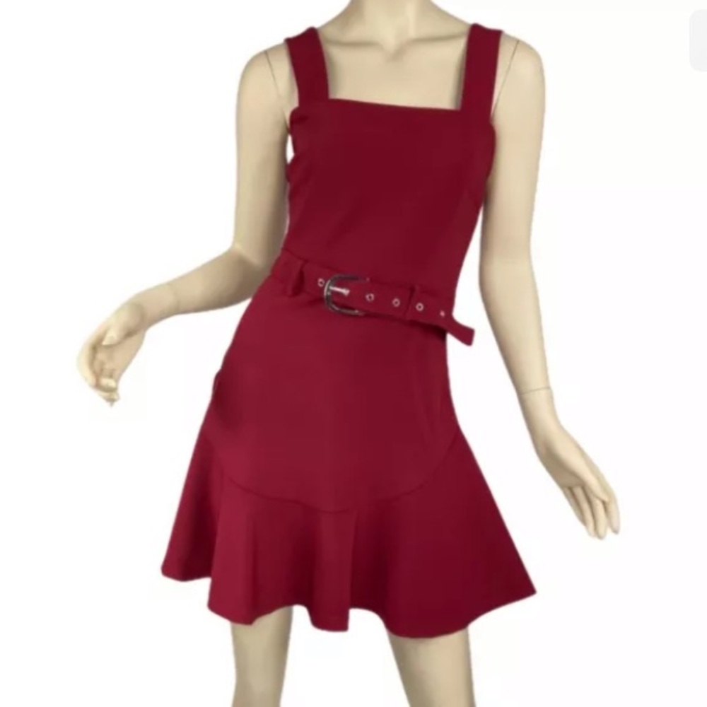 Square Neck Belted Burgundy Flare Mini Dress